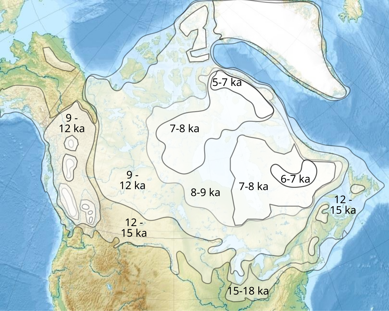 Laurentide Ice Sheet at the Last Glacial Maximum (~21,000 years ago) covering most of Canada and the northern United States